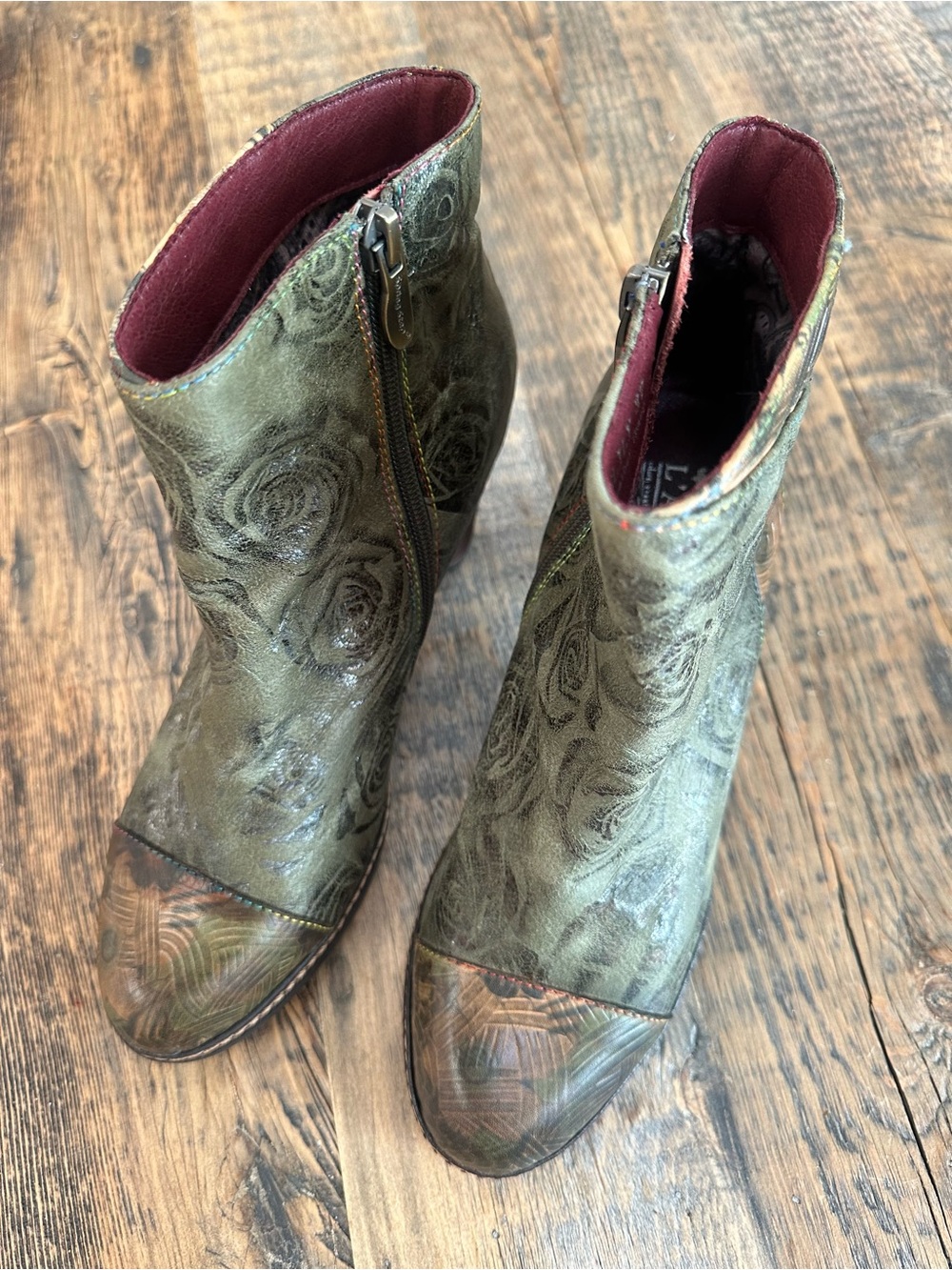 L'Artiste Spring Step Waterlily Ankle Boots - Olive Green Leather - Size 6.5-7